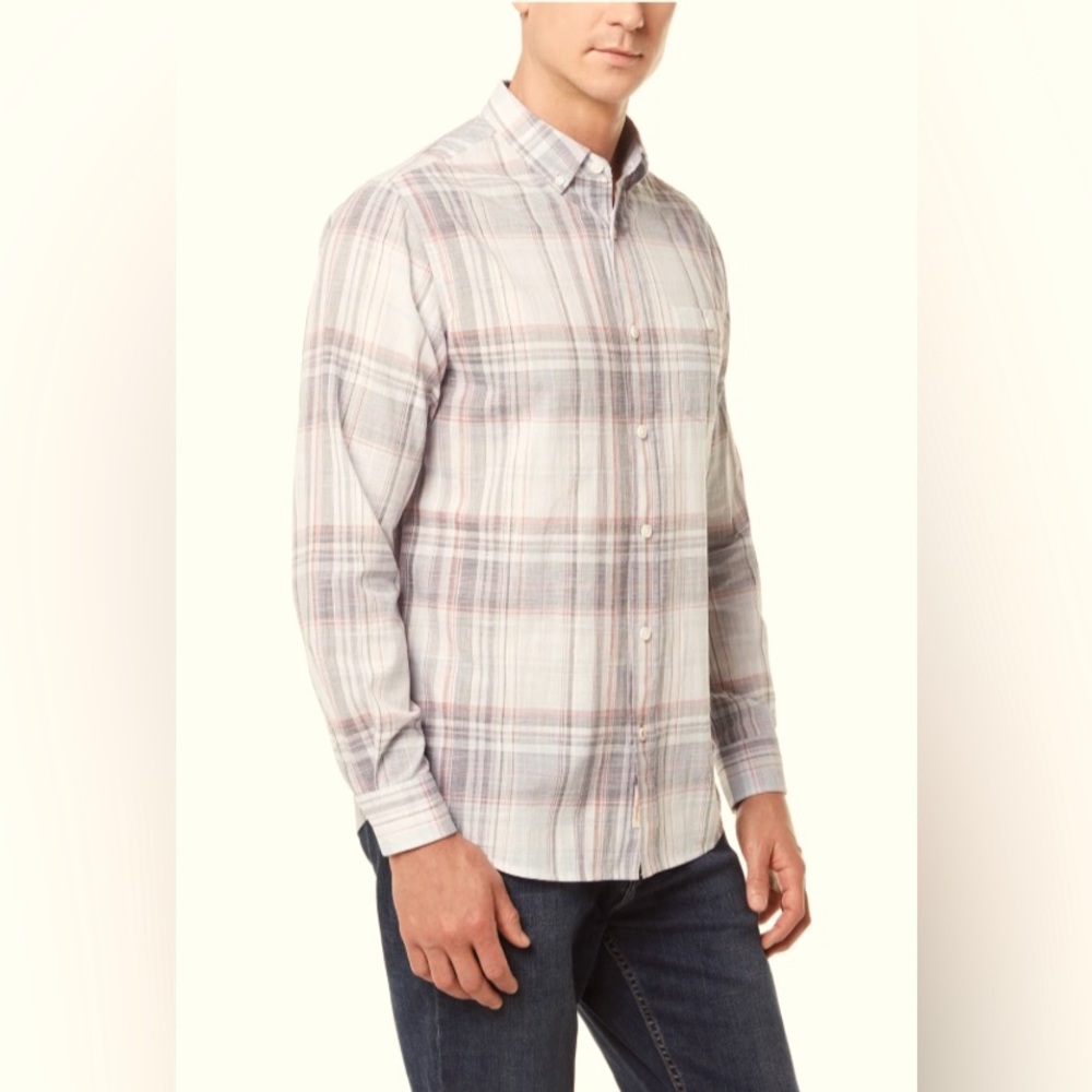 Weatherproof Vintage Men’s Plaid Cotton Linen Button Down Long Sleeve Shirt